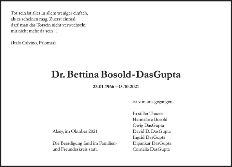  Traueranzeige für Bettina Bosold-DasGupta vom 30.10.2021 aus vrm-trauer
