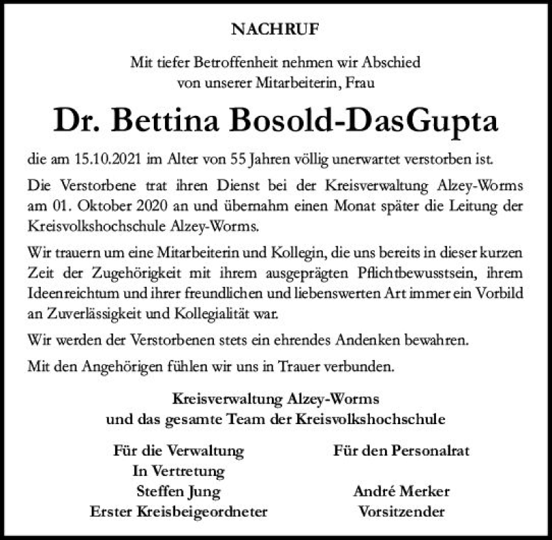  Traueranzeige für Bettina Bosold-DasGupta vom 21.10.2021 aus vrm-trauer