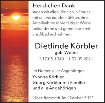 Traueranzeige von Dietlinde Körbler von vrm-trauer