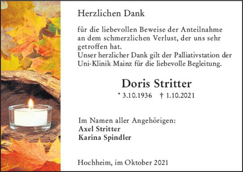 Traueranzeige für Doris Stritter vom 15.10.2021 aus vrm-trauer