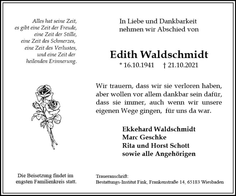  Traueranzeige für Edith Waldschmidt vom 30.10.2021 aus vrm-trauer