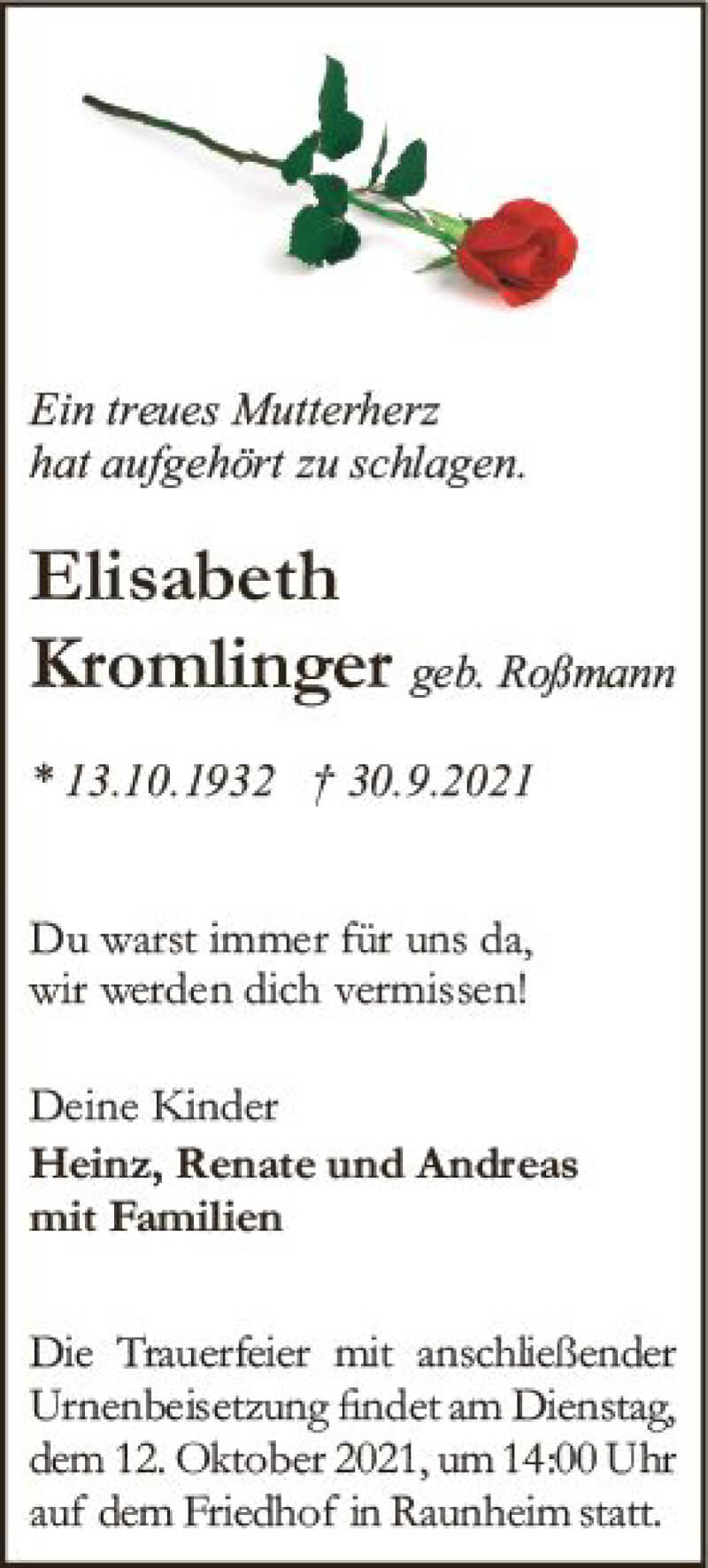  Traueranzeige für Elisabeth Kromlinger vom 09.10.2021 aus vrm-trauer