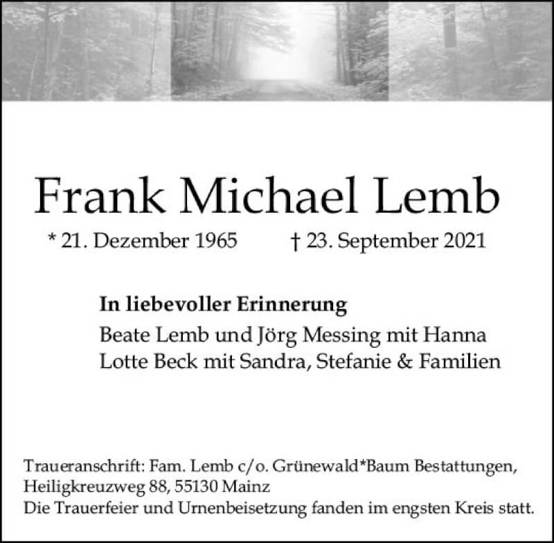  Traueranzeige für Frank Michael Lemb vom 09.10.2021 aus vrm-trauer