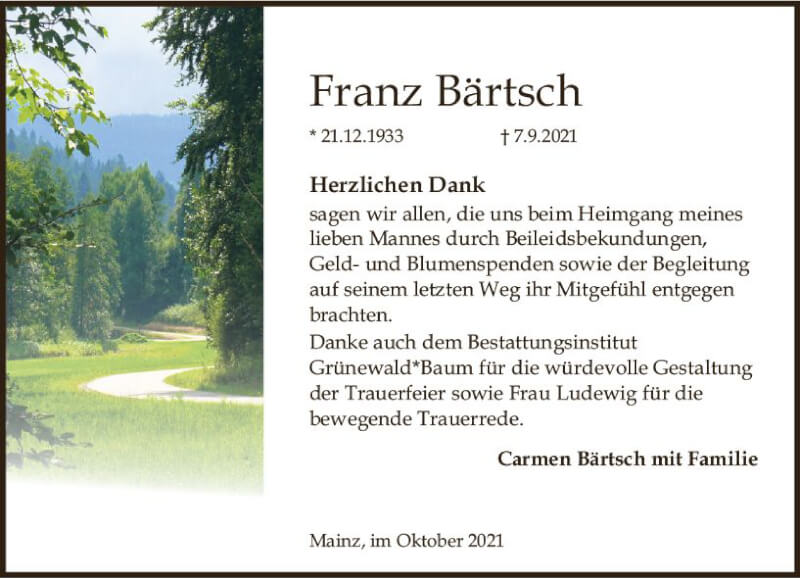  Traueranzeige für Franz Bärtsch vom 09.10.2021 aus vrm-trauer