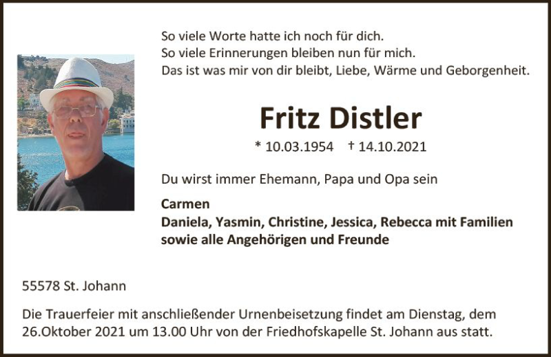  Traueranzeige für Fritz Distler vom 20.10.2021 aus vrm-trauer