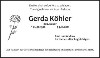 Traueranzeige von Gerda Köhler von vrm-trauer