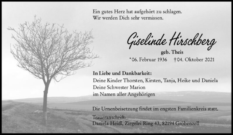  Traueranzeige für Giselinde Hirschberg vom 09.10.2021 aus vrm-trauer