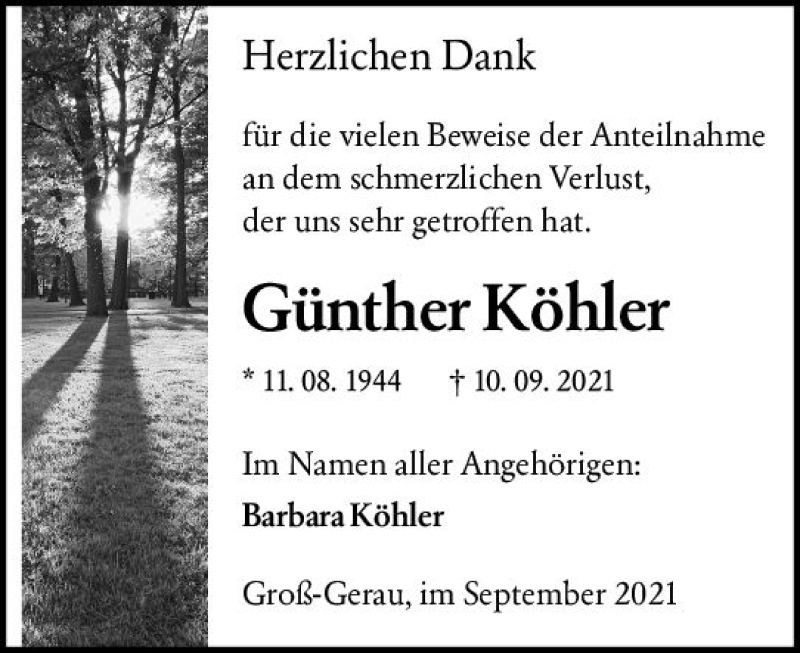  Traueranzeige für Günther Köhler vom 02.10.2021 aus vrm-trauer