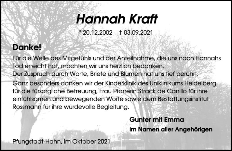  Traueranzeige für Hannah Kraft vom 02.10.2021 aus vrm-trauer