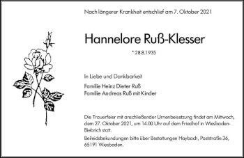 Traueranzeige von Hannelore Ruß-Klesser von vrm-trauer