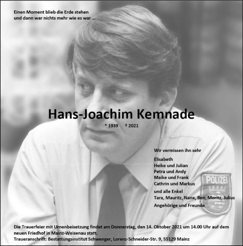  Traueranzeige für Hans-Joachim Kemnade vom 09.10.2021 aus vrm-trauer