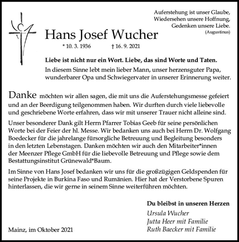  Traueranzeige für Hans Josef Wucher vom 16.10.2021 aus vrm-trauer