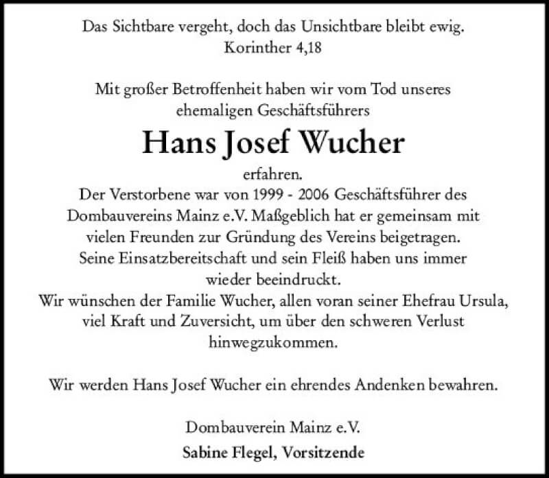  Traueranzeige für Hans Josef Wucher vom 09.10.2021 aus vrm-trauer