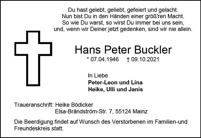  Traueranzeige für Hans Peter Buckler vom 16.10.2021 aus vrm-trauer