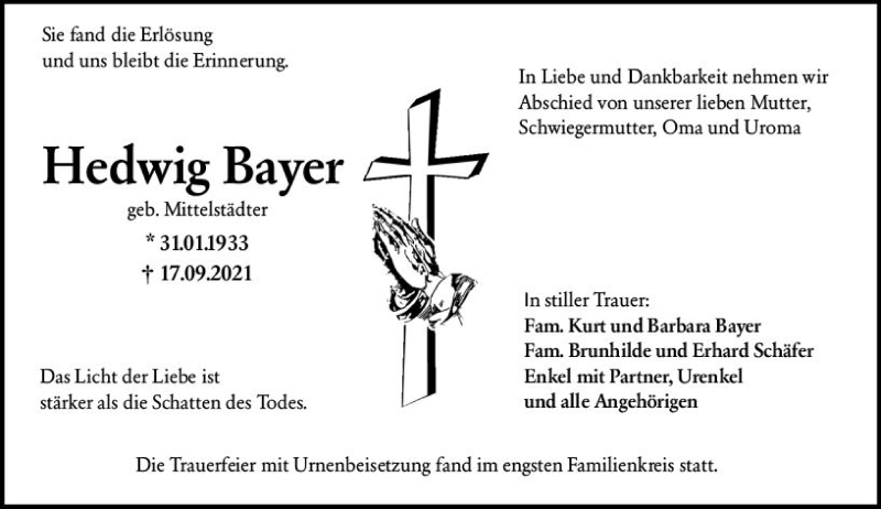  Traueranzeige für Hedwig Bayer vom 16.10.2021 aus vrm-trauer