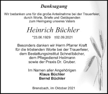 Traueranzeige von Heinrich Büchler von vrm-trauer