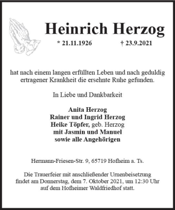 Traueranzeige von Heinrich Herzog von vrm-trauer