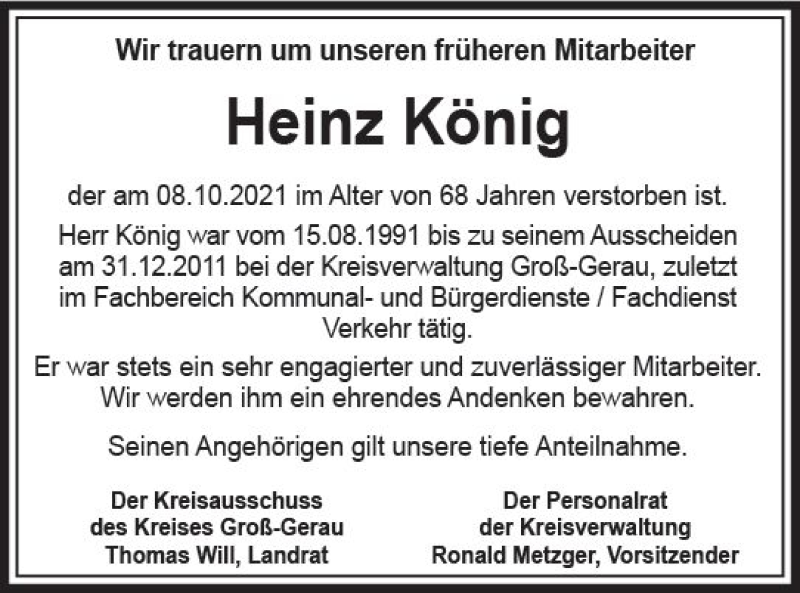  Traueranzeige für Heinz König vom 25.10.2021 aus vrm-trauer