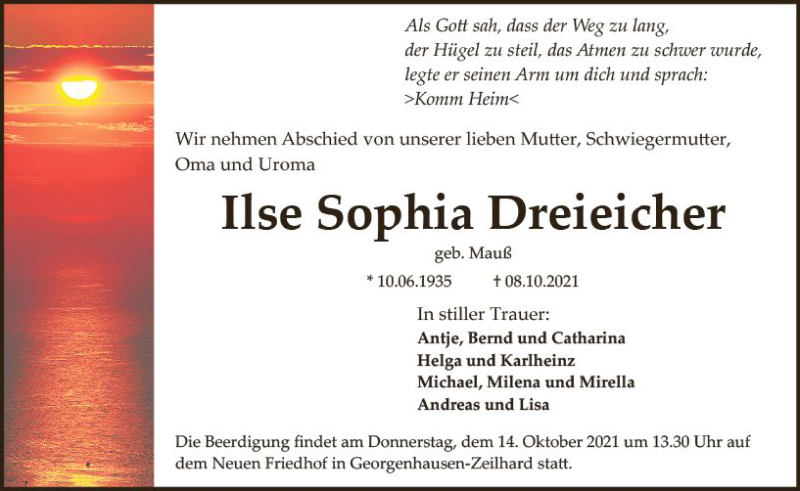  Traueranzeige für Ilse Sophia Dreieicher vom 12.10.2021 aus vrm-trauer