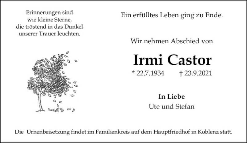  Traueranzeige für Irmi Castor vom 09.10.2021 aus vrm-trauer