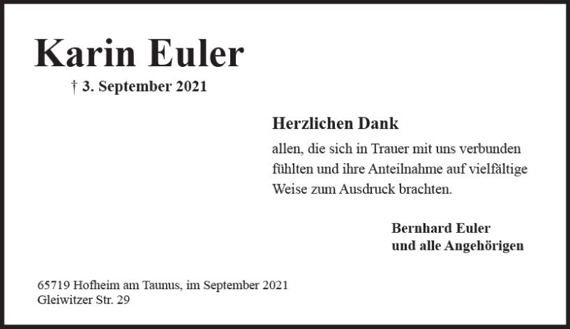 Traueranzeige für Karin Euler vom 08.10.2021 aus vrm-trauer