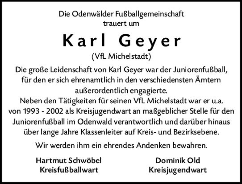  Traueranzeige für Karl Geyer vom 19.10.2021 aus vrm-trauer