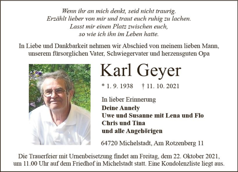  Traueranzeige für Karl Geyer vom 16.10.2021 aus vrm-trauer
