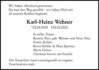 Traueranzeige von Karl-Heinz Wehner von vrm-trauer