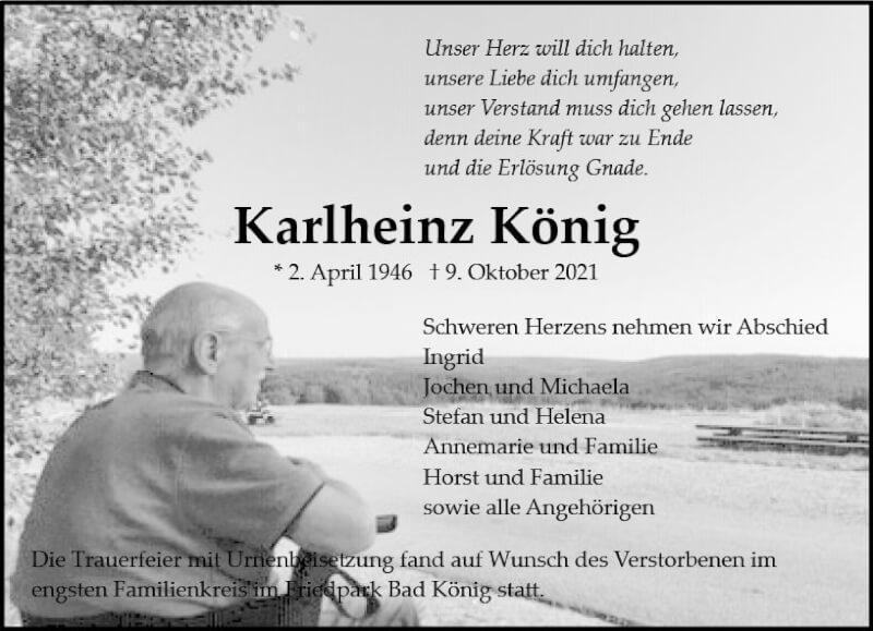  Traueranzeige für Karlheinz König vom 23.10.2021 aus vrm-trauer
