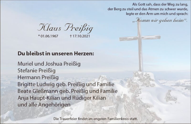  Traueranzeige für Klaus Preißig vom 23.10.2021 aus vrm-trauer