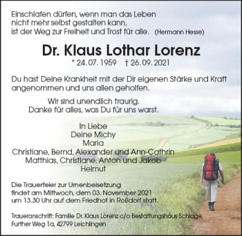 Traueranzeige von Klaus Lothar Lorenz von vrm-trauer