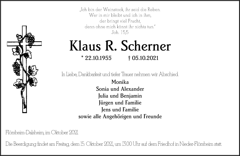  Traueranzeige für Klaus R. Scherner vom 13.10.2021 aus vrm-trauer