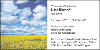 Traueranzeige von Luise Bischoff von vrm-trauer