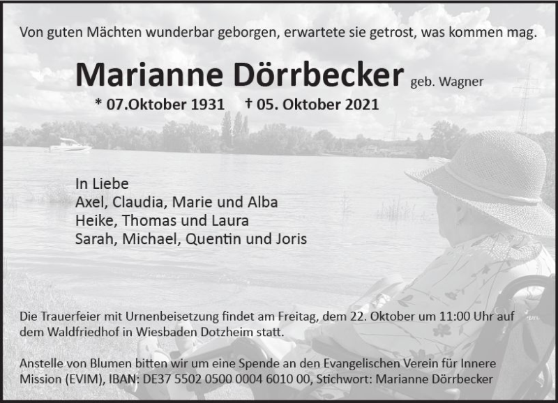  Traueranzeige für Marianne Dörrbecker vom 16.10.2021 aus vrm-trauer