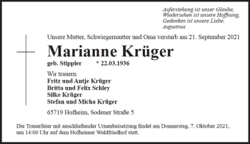 Traueranzeige von Marianne Krüger von vrm-trauer