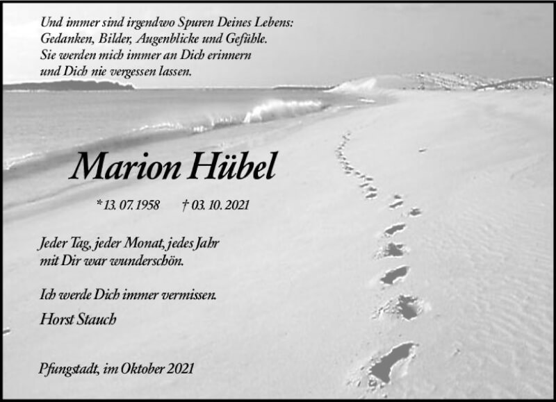  Traueranzeige für Marion Hübel vom 09.10.2021 aus vrm-trauer
