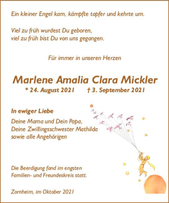 Traueranzeige von Marlene Amalia Clara Mickler von vrm-trauer