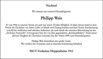 Traueranzeige von Philipp Weis von vrm-trauer