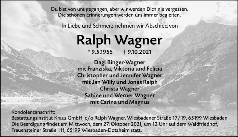  Traueranzeige für Ralph Wagner vom 16.10.2021 aus vrm-trauer