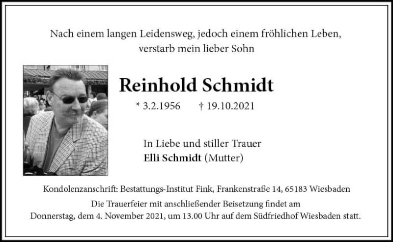  Traueranzeige für Reinhold Schmidt vom 23.10.2021 aus vrm-trauer