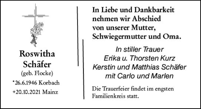  Traueranzeige für Roswitha Schäfer vom 25.10.2021 aus vrm-trauer
