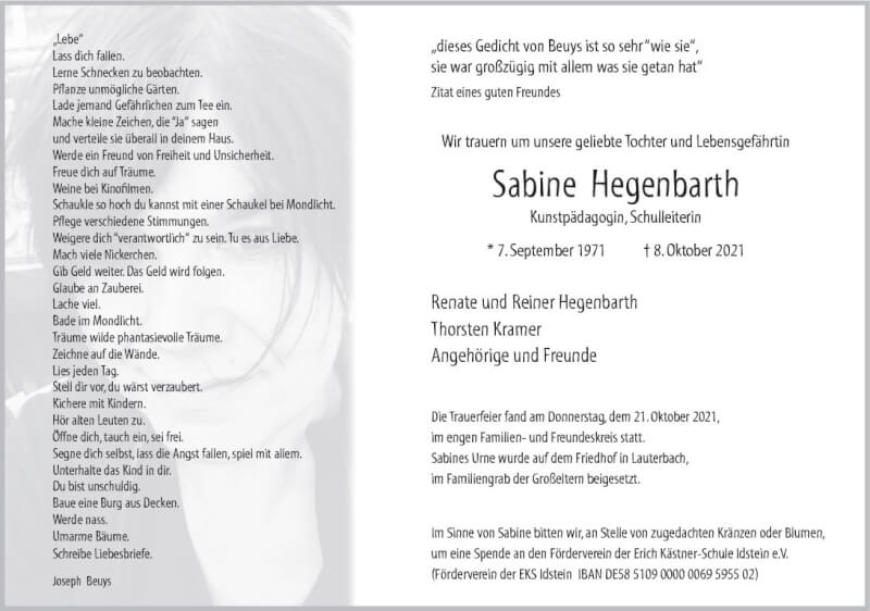  Traueranzeige für Sabine Hegenbarth vom 23.10.2021 aus vrm-trauer