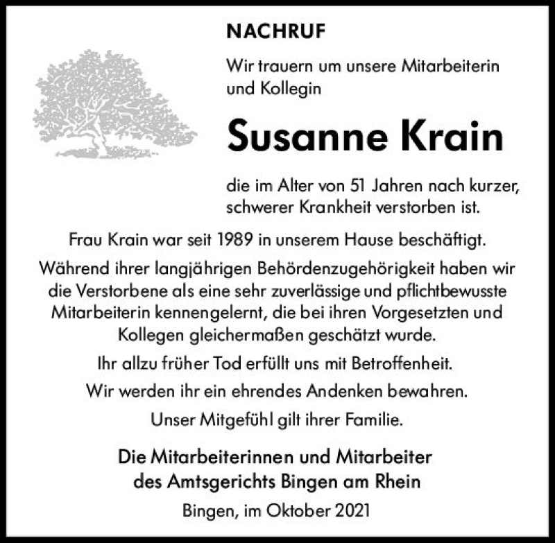  Traueranzeige für Susanne Krain vom 30.10.2021 aus vrm-trauer