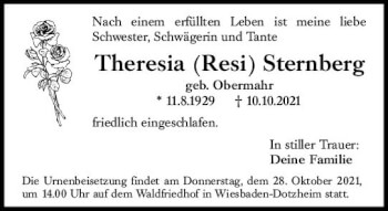 Traueranzeige von Theresia Sternberg von vrm-trauer