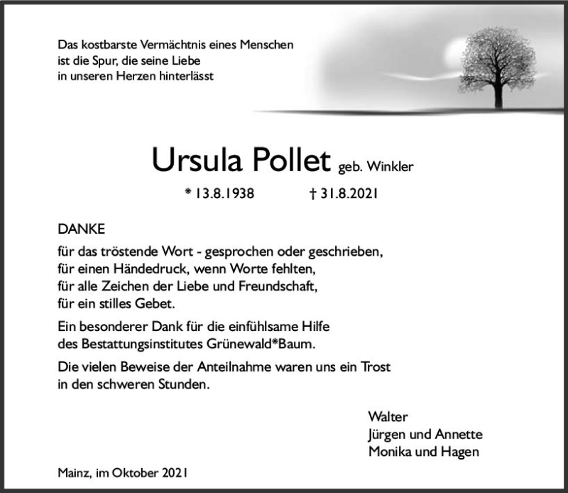  Traueranzeige für Ursula Pollet vom 16.10.2021 aus vrm-trauer