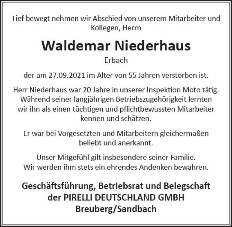  Traueranzeige für Waldemar Niederhaus vom 05.10.2021 aus vrm-trauer