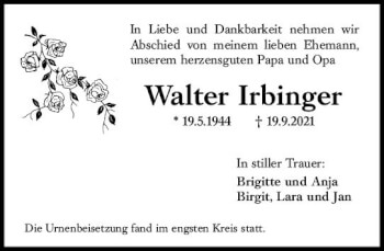 Traueranzeige von Walter Irbinger von vrm-trauer