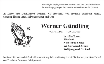 Traueranzeige von Werner Gündling von vrm-trauer