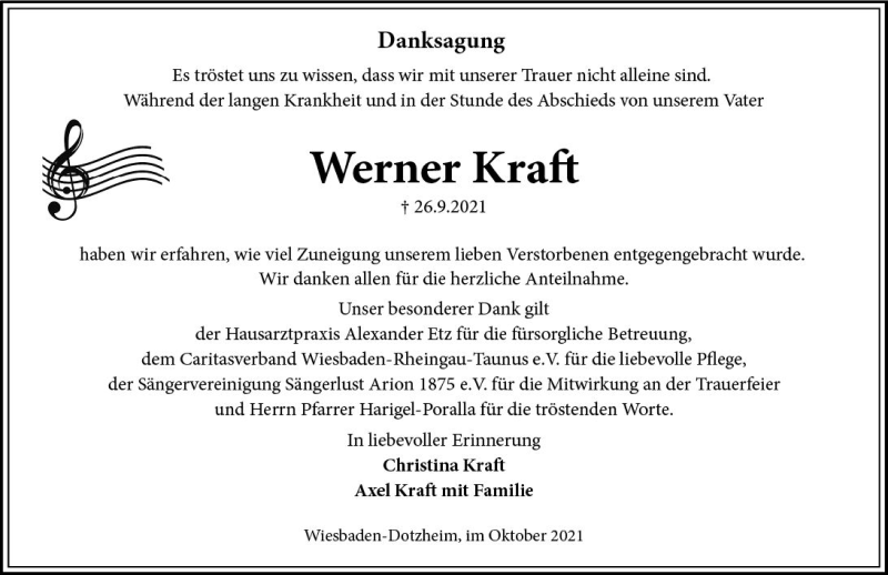  Traueranzeige für Werner Kraft vom 16.10.2021 aus vrm-trauer