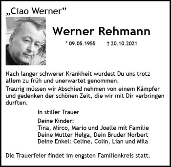 Traueranzeige von Werner Rehmann von vrm-trauer
